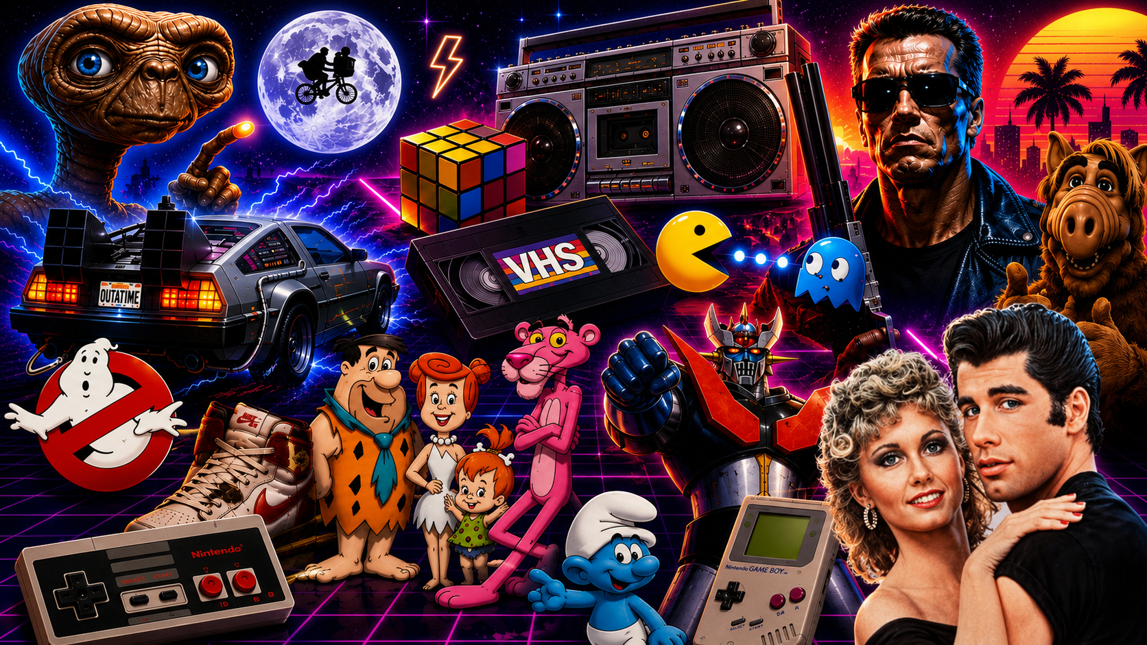 Mural retro: E.T., DeLorean, Terminator, Ghostbusters, NES, Game Boy, VHS, Pac-Man, Mazinger Z, ALF, Grease, Los Picapiedras y más iconos de los 80 y 90